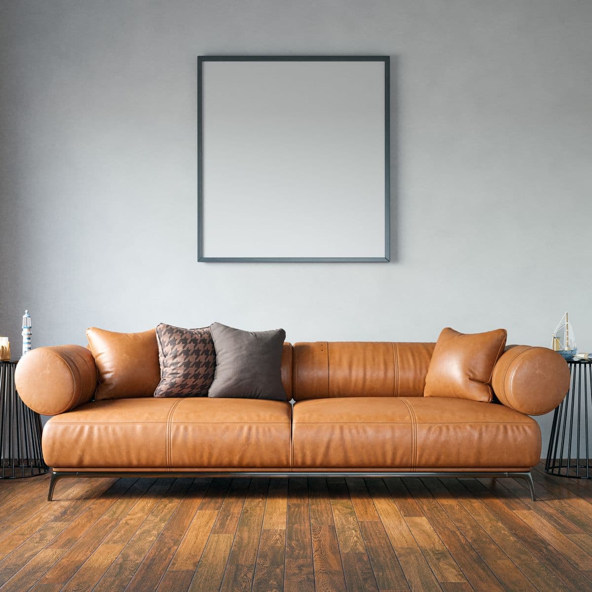 An upholstered sofa styled in a living room setting